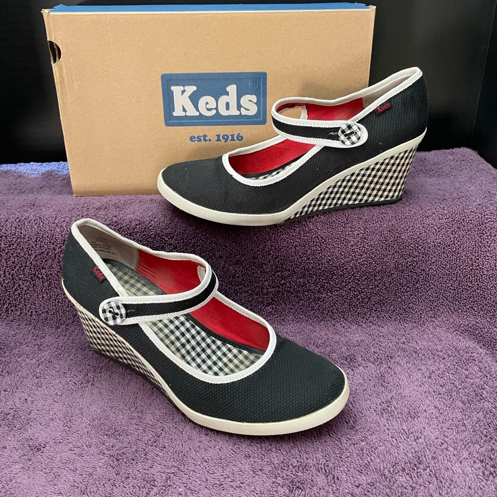 Keds Black Check Gingham Mary Jane Wedge